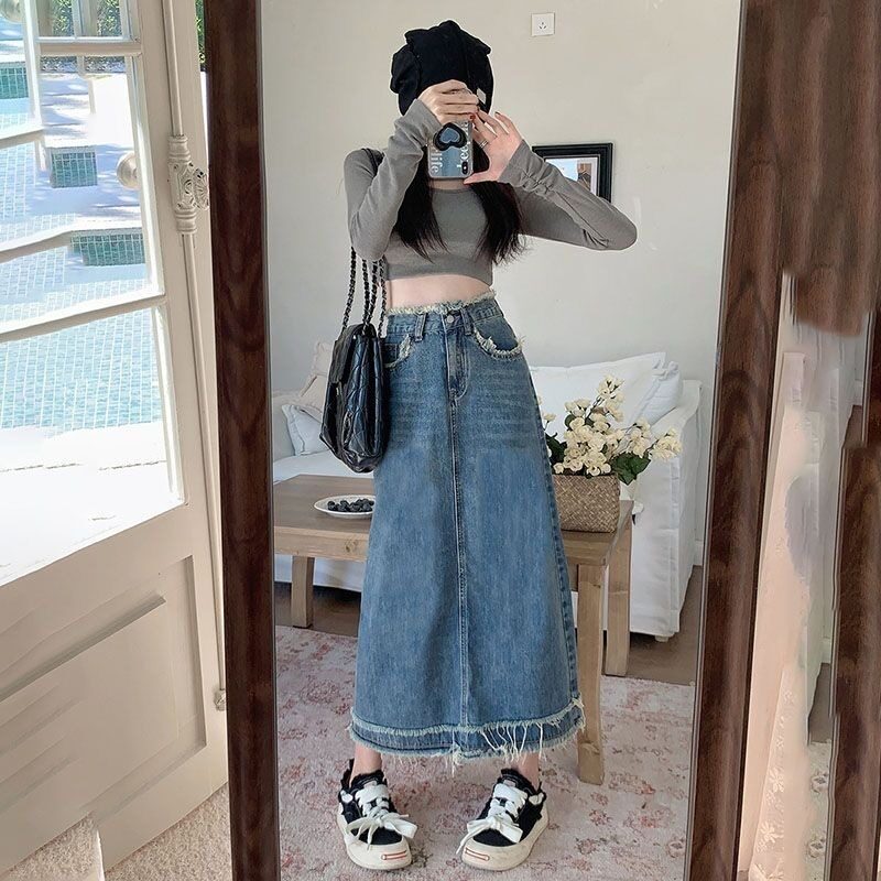 秋冬女装韩版批新款发时尚毛边做旧显瘦复古中长款高腰牛仔半身裙