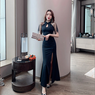 高端晚礼服连衣裙女性感气质轻奢高级感夜店黑色显瘦网纱开叉长裙