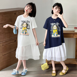 女童夏款宽松短袖连衣裙中大童学生女孩休闲韩版网纱拼接夏季裙子