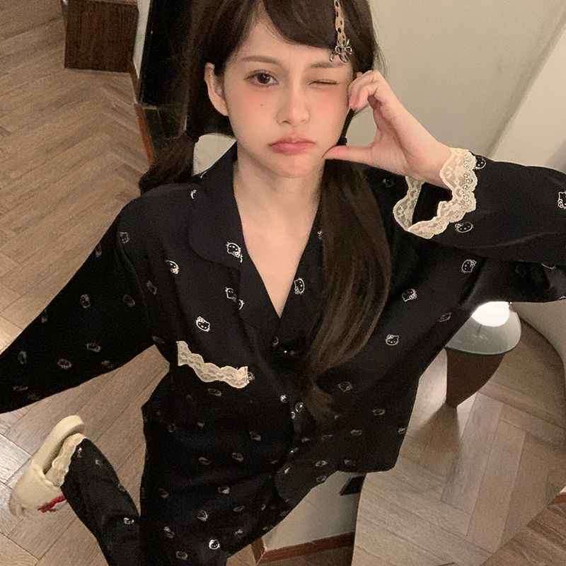 秋冬HelloKitty冰丝睡衣带胸垫少女长袖长裤学生家居服可外穿套装