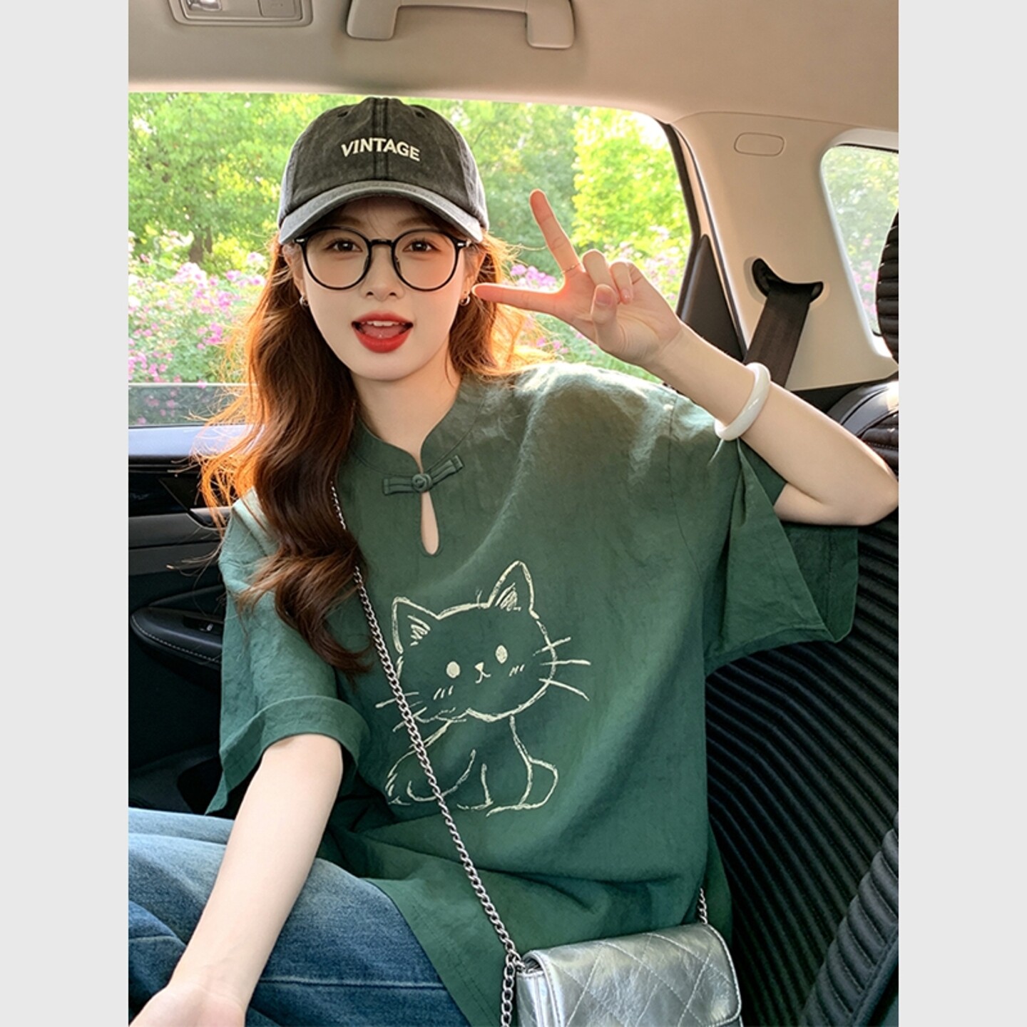 新中式墨绿色棉麻短袖t恤女唐装汉服国风盘扣简笔画猫咪印花上衣