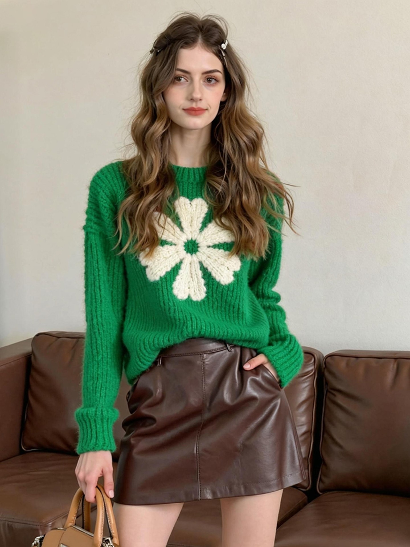 绿色立体花朵粗线毛衣2025秋季覆古软糯宽松慵懒高级感加厚针织衫,女装/女士精品,大码内搭,淘宝优惠券,粉丝福利购,淘宝优惠卷