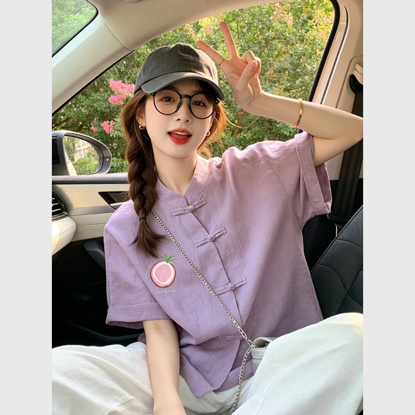 改良唐装紫色棉麻印花斜襟短袖衬衫中式国风女装2026新款对襟汉服