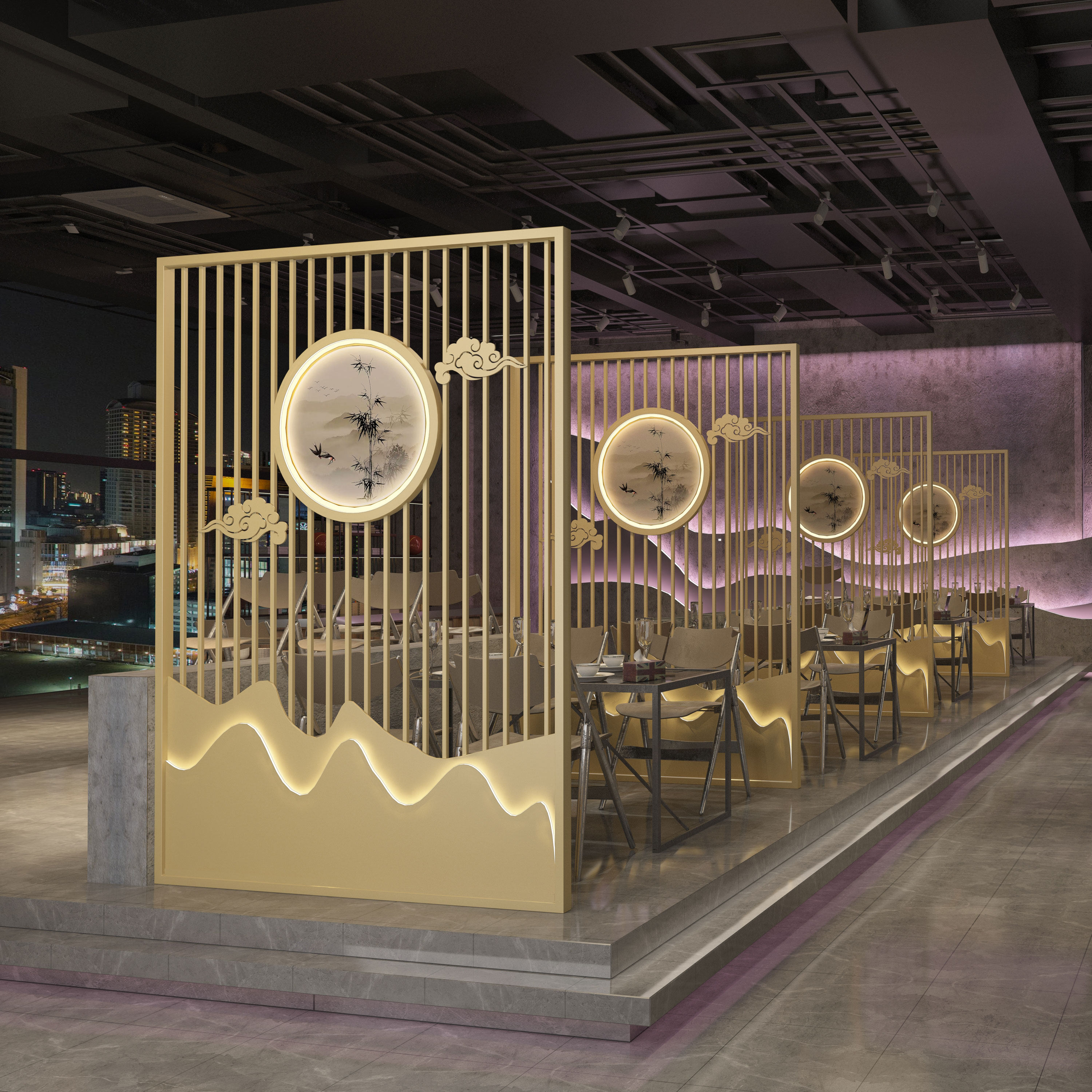 新中式铁艺LOGO发光隔断屏风餐厅饭店火锅店烧烤店包间入户遮挡