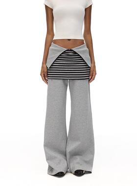 COSTUSTOOT24秋冬新款  可调节翻腰灰色阔腿条纹裙摆廓形长卫裤女