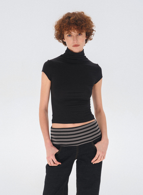 costustoot 美式黑色小高领修身弹力辣妹正肩短袖基础百搭T恤女