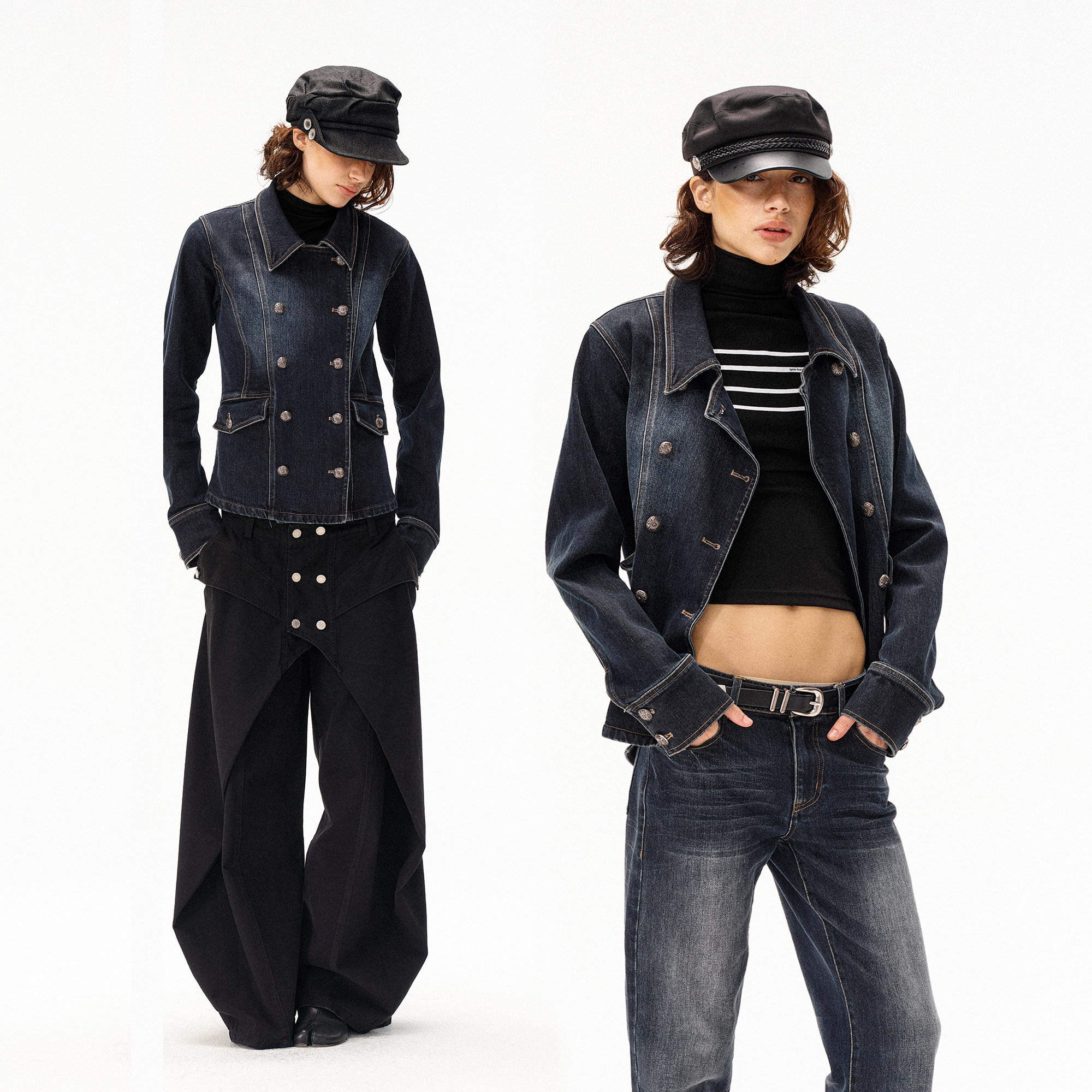 COSTUSTOOT 拿破仑深蓝色金属双排扣工装水洗收腰牛仔夹克外套女