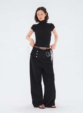 costustoot 黑色假两件可拆卸裙摆叠层绑绳飘带宽松百搭休闲长裤