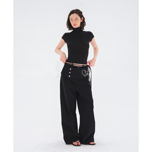 costustoot 黑色假两件可拆卸裙摆叠层绑绳飘带宽松百搭休闲长裤