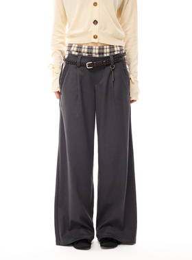 costustoot 腰部格子拼接压褶廓形垂感宽松隐形拉链口袋直筒西裤