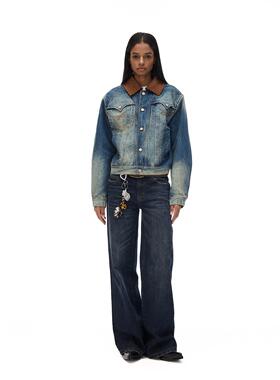 COSTUSTOOT24秋冬新款  复古麂皮领落肩水洗蓝宽松牛仔夹克外套女