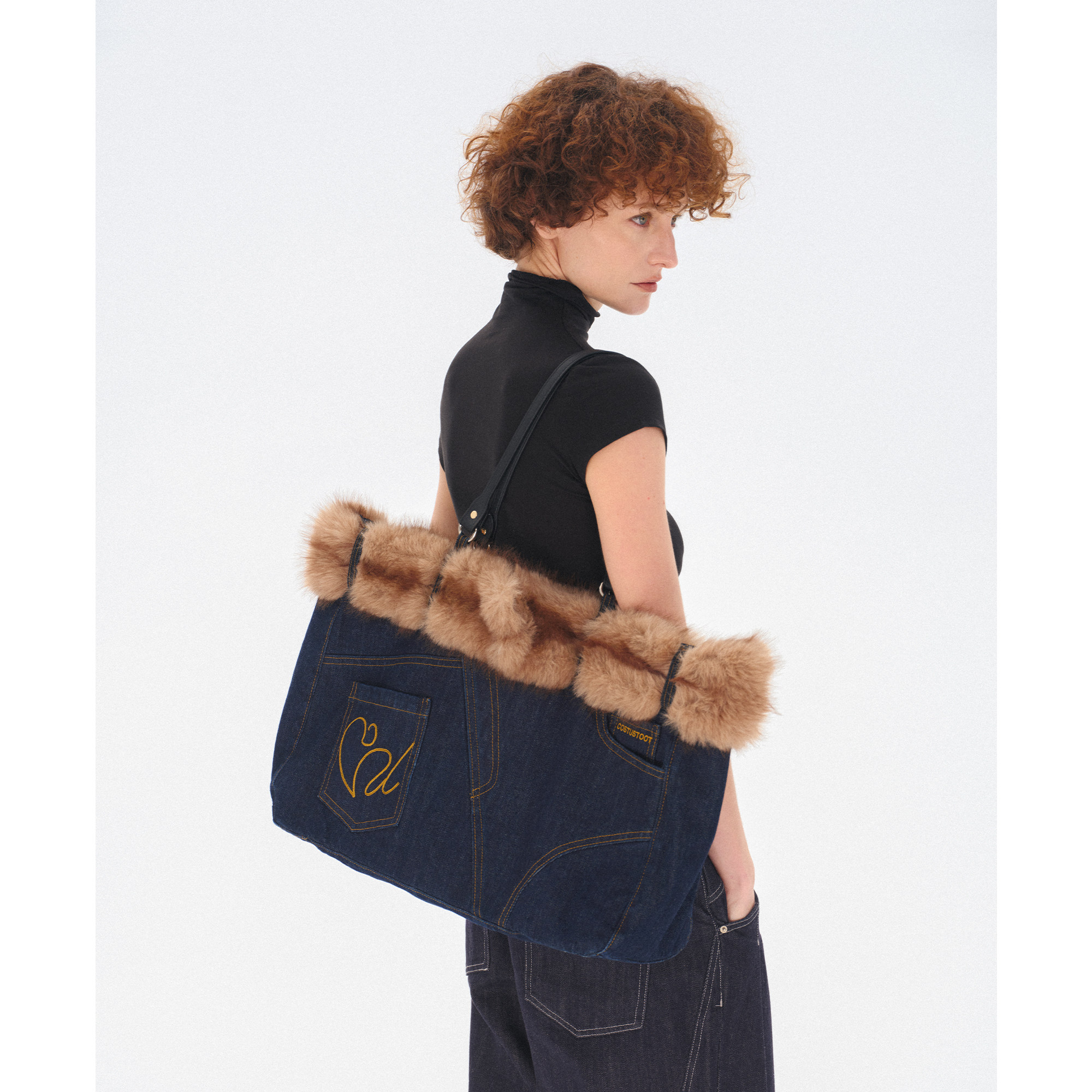 costustoot 可拆卸毛毛水洗牛仔设计感通勤百搭大容量单肩托特包