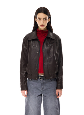 costustoot 秋冬短款复古多拉链口袋加绒厚款飞行员皮夹克外套女