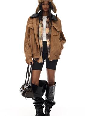COSTUSTOOT24秋冬新款  美式撞色领子麂皮宽松大口袋厚款外套女