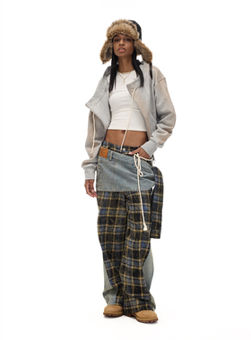 COSTUSTOOT24秋冬新款  原创设计可拆卸腰封多穿法格子拼牛仔长裤