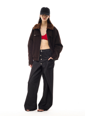 Costustoot 黑咖啡宽松廓形插肩袖毛领夹棉夹克外套