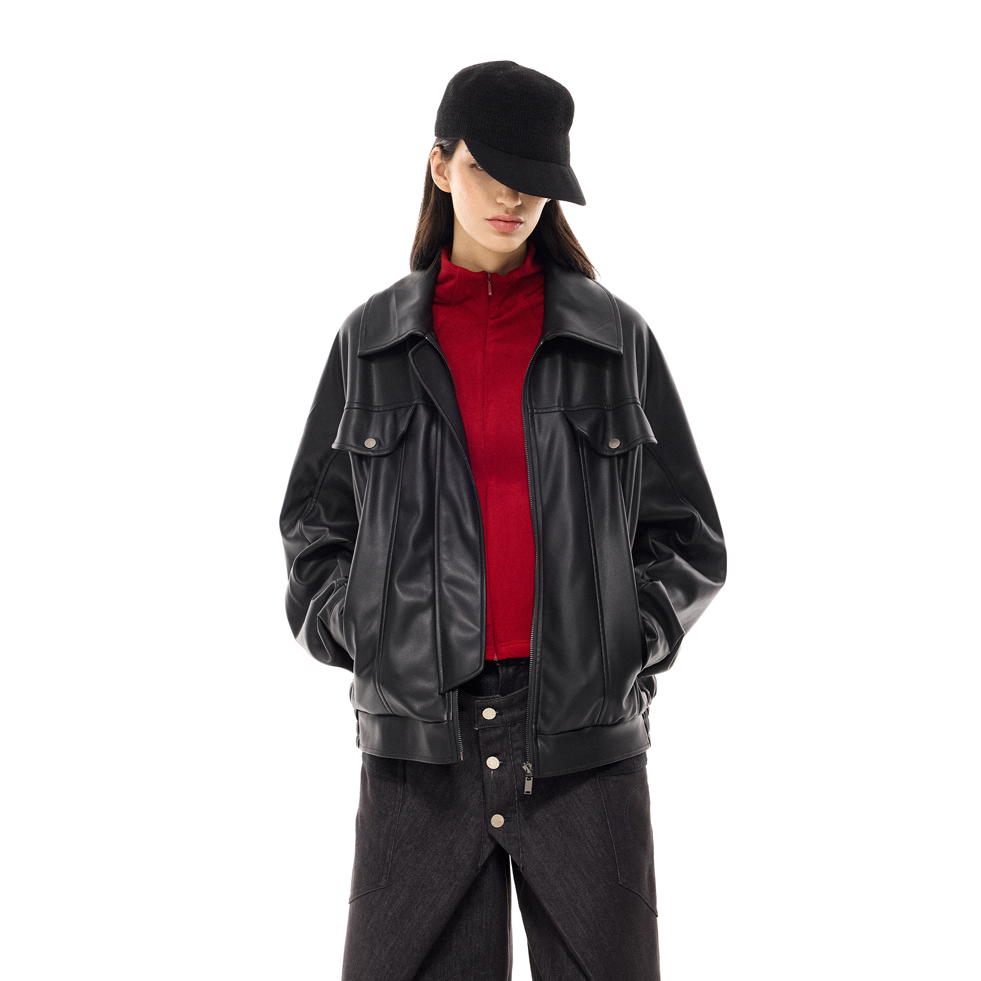 costustoot蝙蝠弯刀插肩袖皮夹克