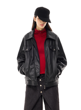 costustoot蝙蝠弯刀插肩袖复古翻领廓形飞行员皮夹克外套女