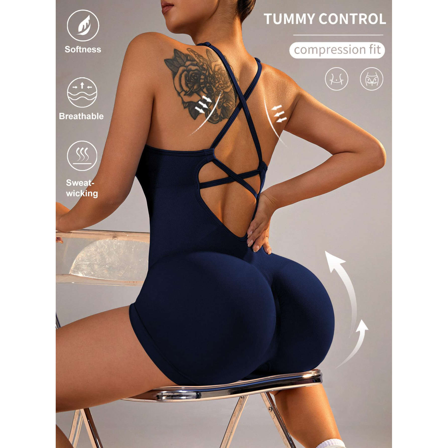 欧美原单！大露背带杯垫美背蜜桃臀瑜伽连体短裤速干健身运动提臀