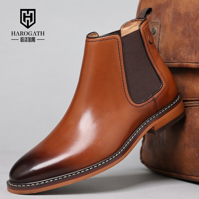 哈洛加斯切尔西靴牛皮子新款男士正装皮鞋一脚蹬高帮马丁靴真皮靴