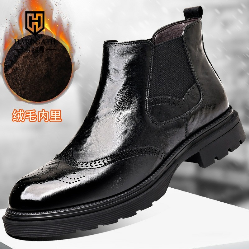 哈洛加斯头层牛皮切尔西靴男新款真皮百搭加绒中帮透气潮流马丁靴