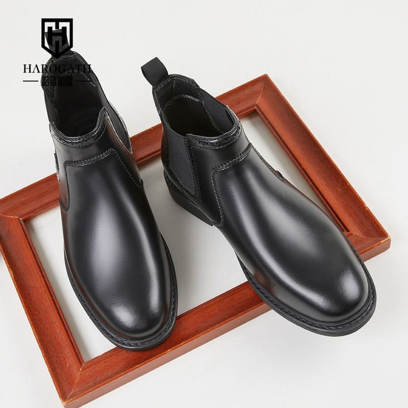 哈洛加斯秋冬简约英伦风真皮休闲切尔西靴男士高版烟筒潮流马丁靴
