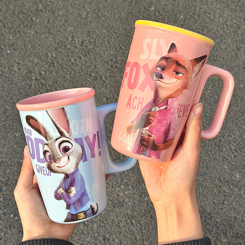 迪士尼疯狂动物城尼克朱迪马克杯儿童高款大容量喝水陶瓷杯600ml