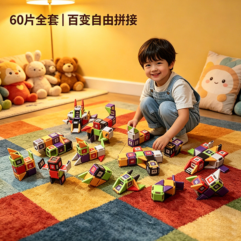 儿童磁力玩具积木百变拼装益智加厚无异味强磁 60 片套装磁性方块