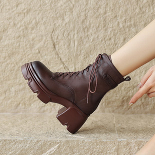 真皮马丁靴子女秋冬新款 棕色内增高厚底短靴小个子9cm粗高跟单靴