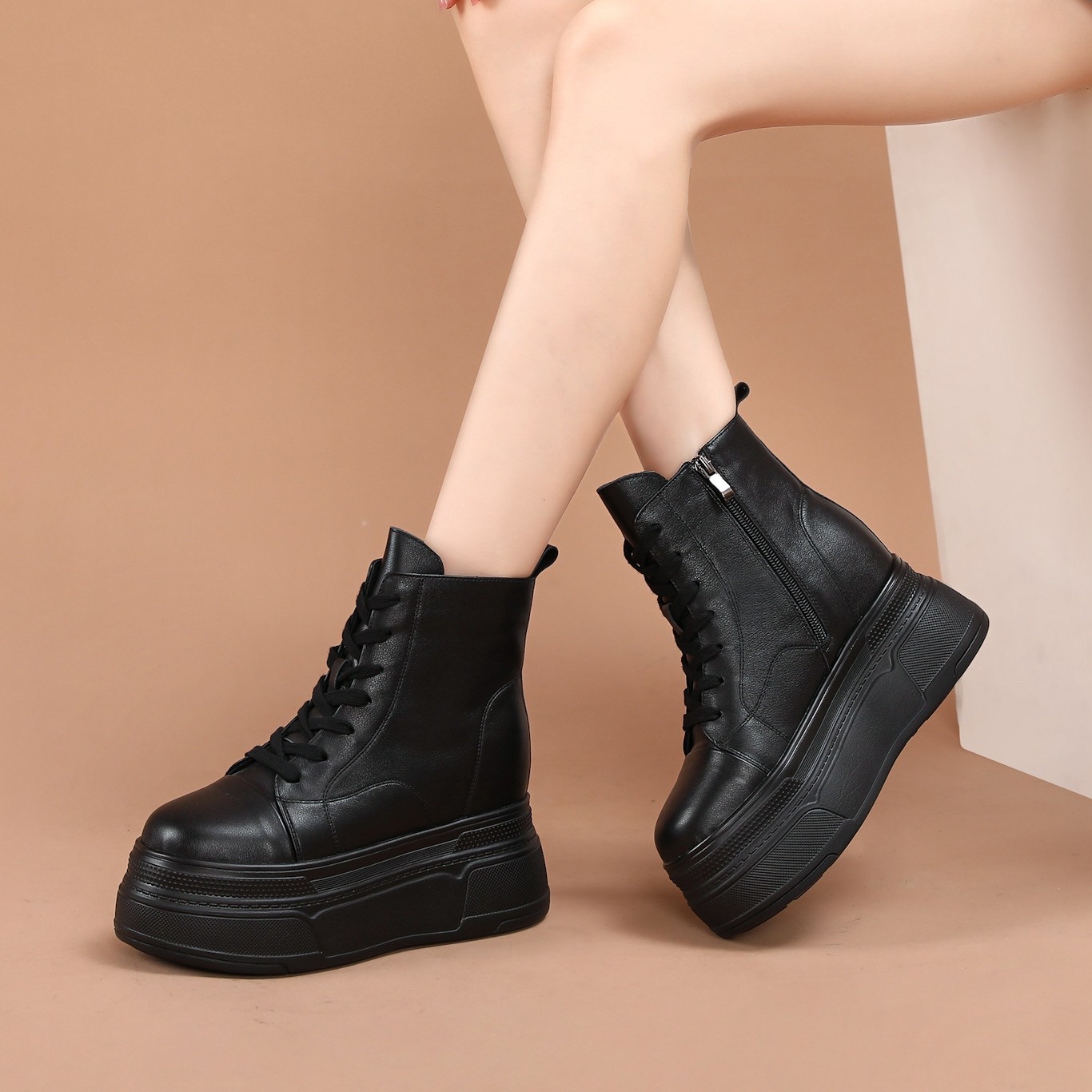 牛皮厚底内增高马丁靴女14CM隐形增高小个子真皮短靴12CM春秋单靴