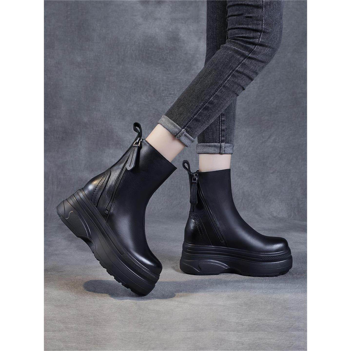 2025年秋冬新款真皮短靴女松糕厚底内增高马丁靴超高跟头层牛皮潮,女鞋,马丁靴,淘宝优惠券,粉丝福利购,淘宝优惠卷