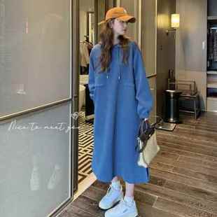 孕妇连衣裙秋冬长款到脚踝连帽休闲宽松大码长裙孕妇装加绒卫衣裙