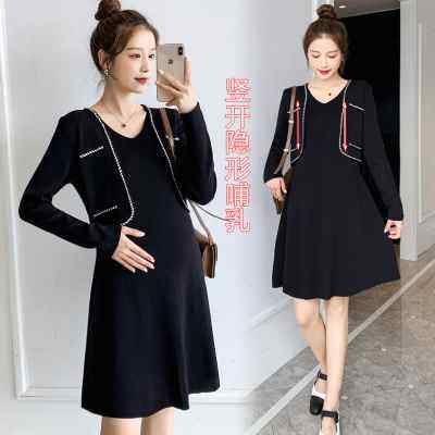 孕妇装秋装假两件韩版显瘦长袖针织孕妇哺乳连衣裙秋季孕妇裙子秋