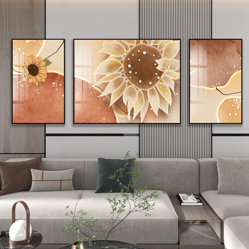 现代简约创意向日葵落地画客厅装饰画沙发背景墙三联花卉轻奢挂画图片