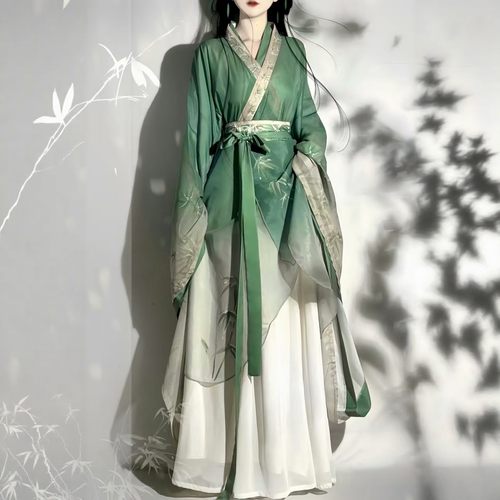 原创汉服女【淮竹】魏晋风南北朝大袖衫绿色成人古风齐腰古装套装