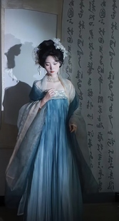 原创汉服女【海芝岚】唐制刺绣齐胸襦裙大袖衫披帛蓝色套装夏季款