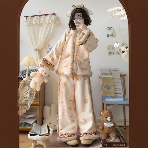 原创汉服女【喵喵布丁】明制改良日常睡衣汉元素加绒加厚秋冬套装