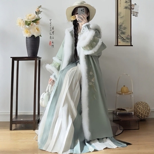 原创汉服女【白玉】宋制加绒对襟连帽长袄长褙子交领齐腰套装冬款