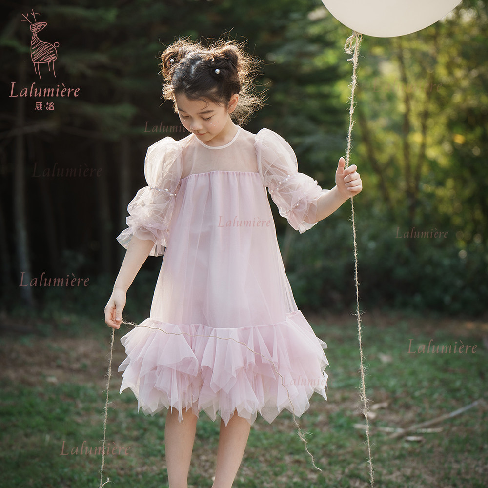 La Lumière鹿谧粉色珍珠纱袖礼服裙女孩生日演出蓬蓬裙
