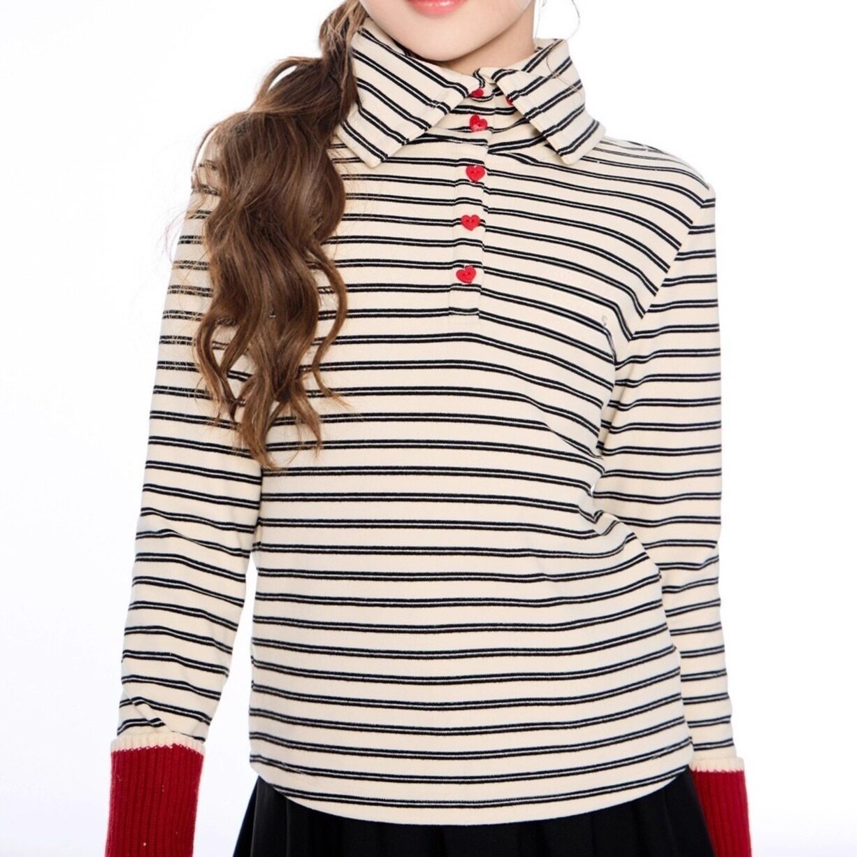 女童绒感磨毛翻领T恤中大童2025冬季亲肤保暖内搭条纹长袖打底衫