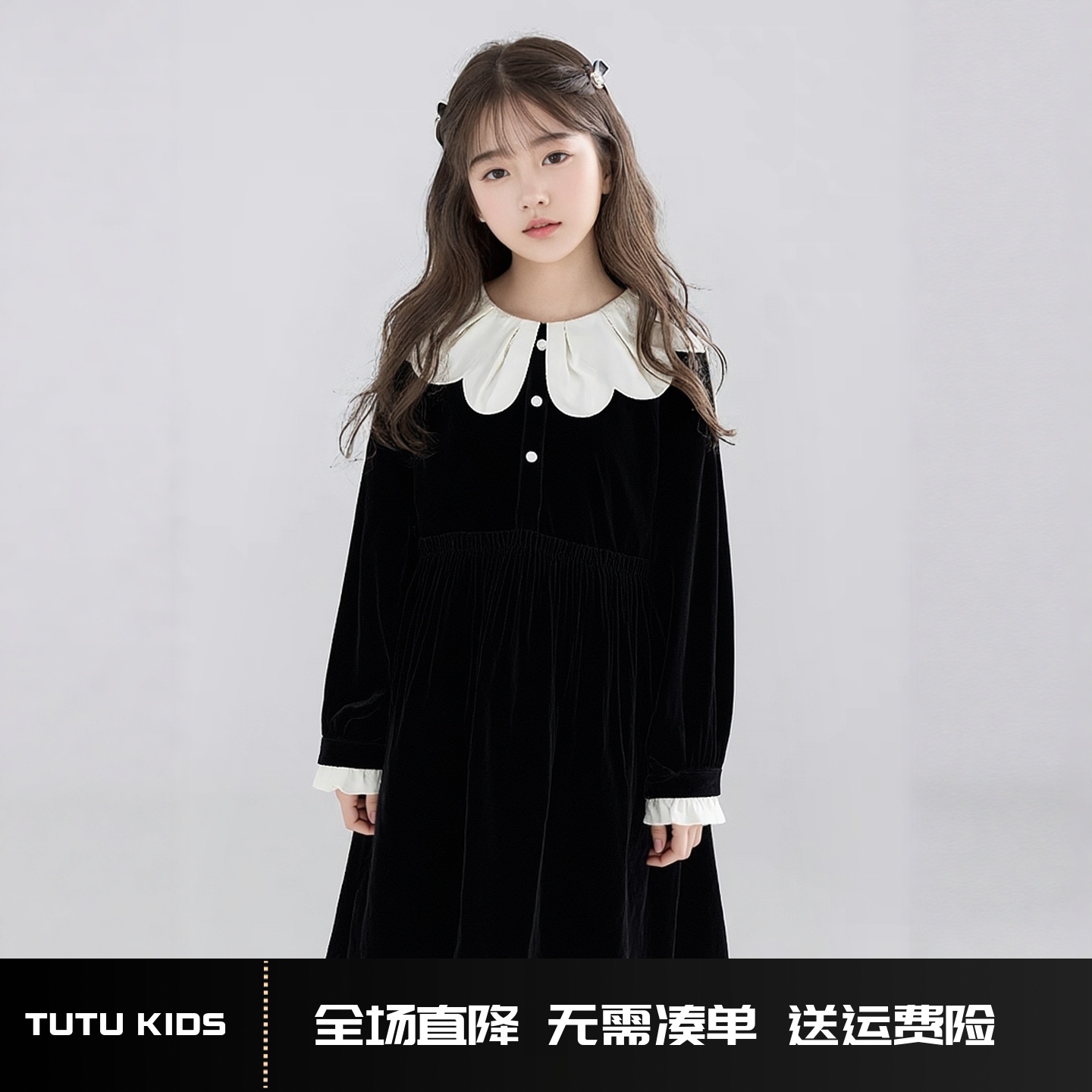 【月下山茶花】法式黑色丝绒连衣裙花瓣领公主甜美礼服派对冬女童