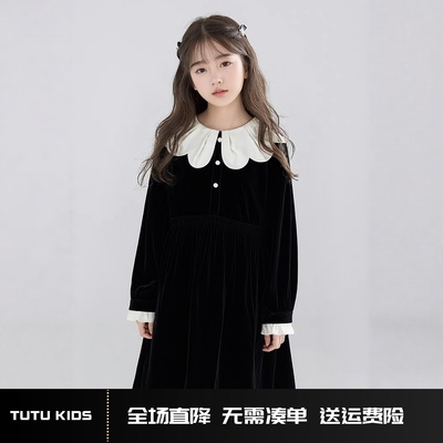 【月下山茶花】法式黑色丝绒连衣裙花瓣领公主甜美礼服派对冬女童