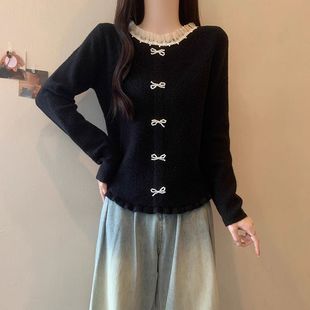 法式拼接蕾丝花边针织开衫女秋冬款红色新年毛衣修身显瘦长袖上衣