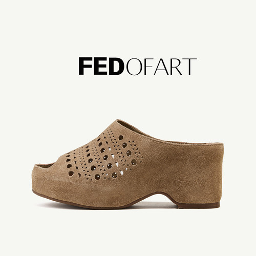 fed真皮反绒镂空厚底增高女拖