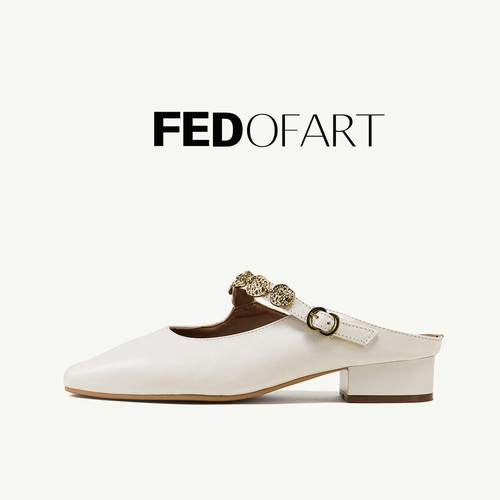 fed方头真皮粗跟穆勒鞋通勤