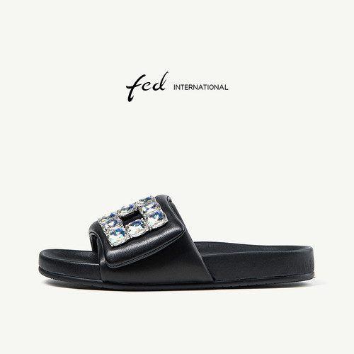 fed水钻真皮平跟一字拖女夏
