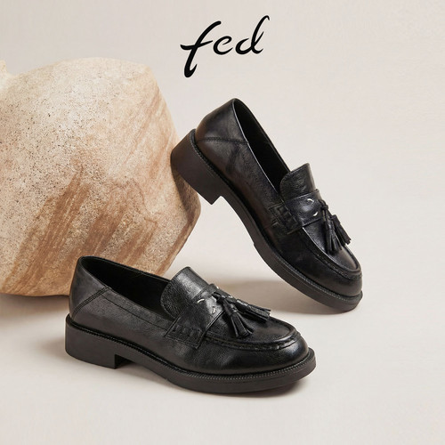 fed头层牛皮流苏粗跟乐福女鞋