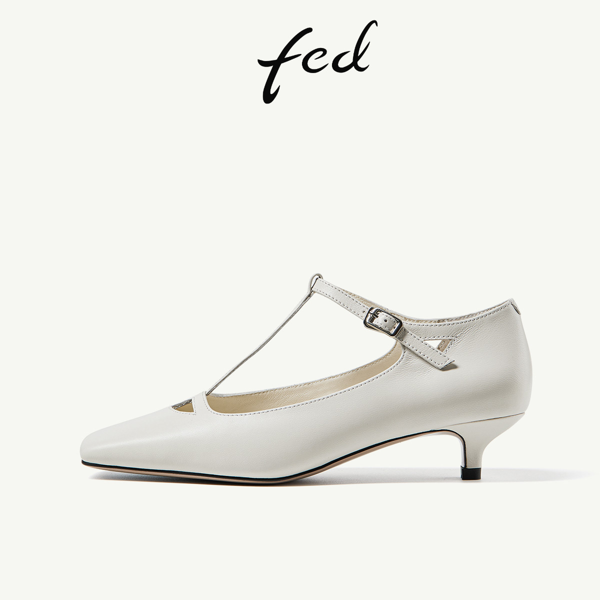 fed真皮方头T字带细跟玛丽珍鞋女