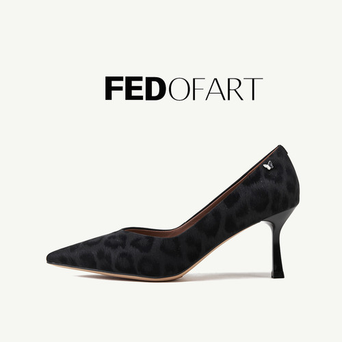 fed真皮豹纹尖头细跟浅口单鞋女