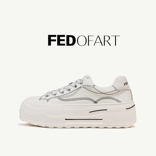 fed牛皮帆布厚底增高女板鞋